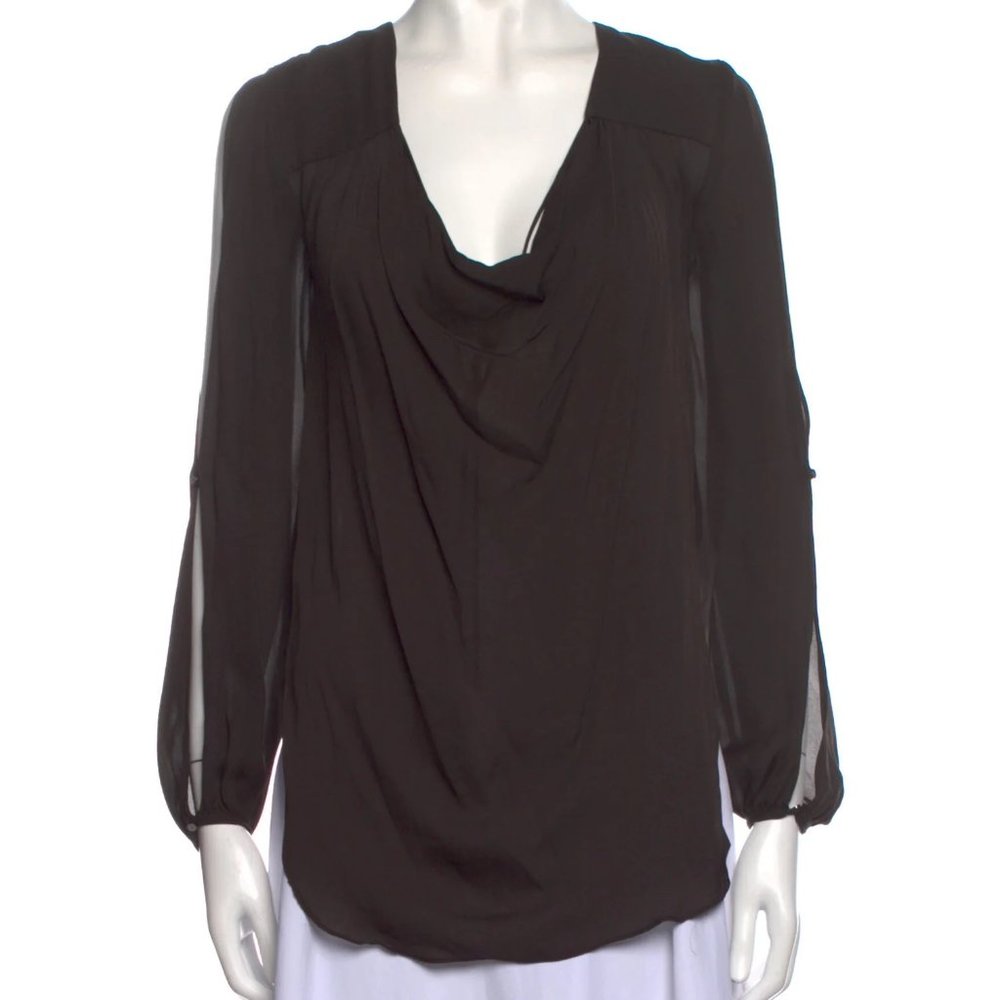 HAUTE HIPPIE Brown Silk Cowl Neck Blouse with Long Sleeve Cut Outs